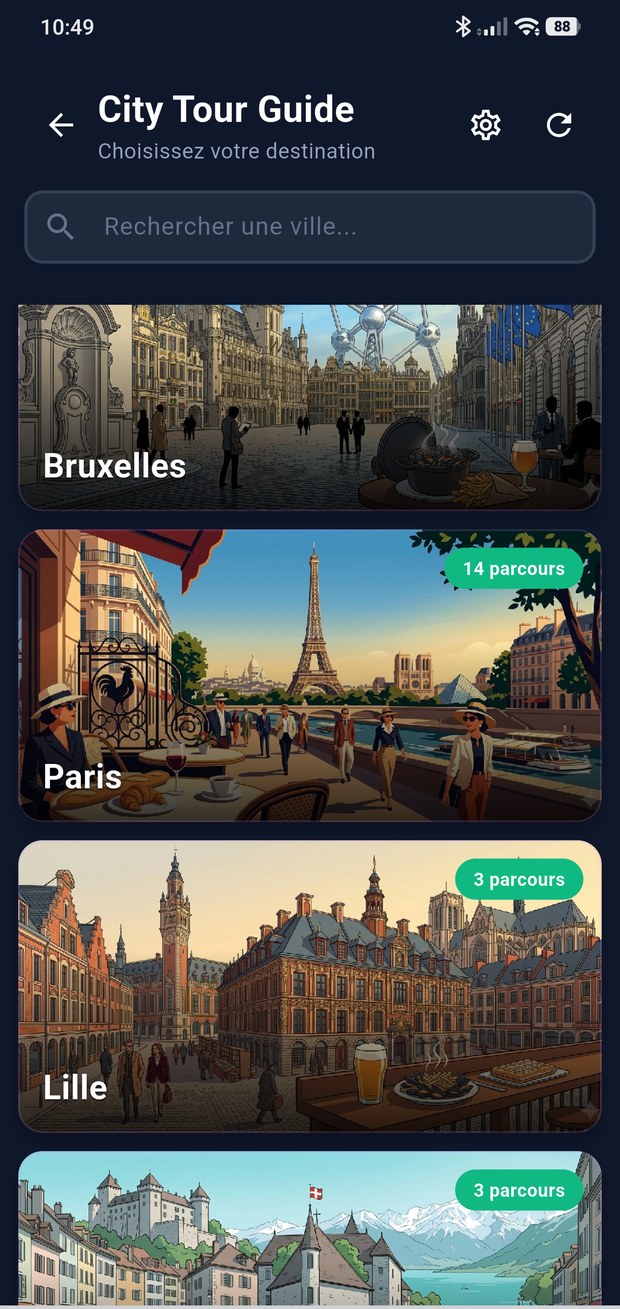 Liste des villes disponibles dans City Tour Guide